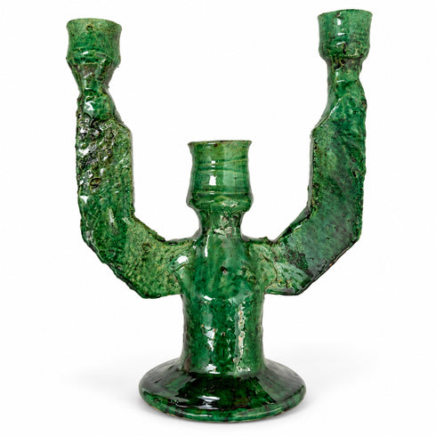 Moroccan Tamegroute Candle Holder, Handmade Green Pottery Candelabra, 3 Arm Ceramic Candlestick, Boho Home Decor