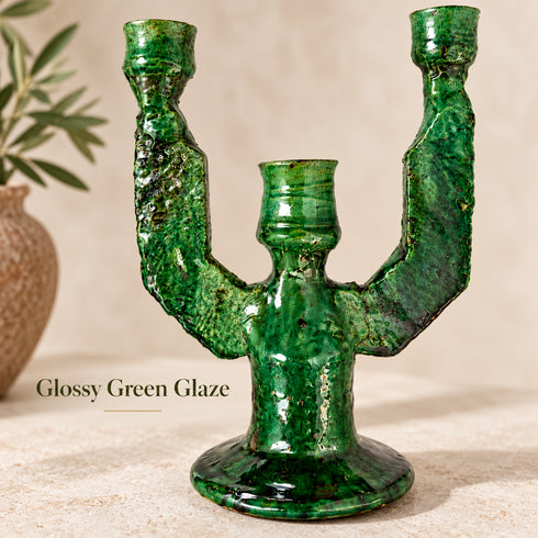 Moroccan Tamegroute Candle Holder, Handmade Green Pottery Candelabra, 3 Arm Ceramic Candlestick, Boho Home Decor