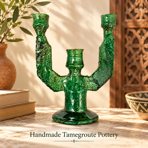 Moroccan Tamegroute Candle Holder, Handmade Green Pottery Candelabra, 3 Arm Ceramic Candlestick, Boho Home Decor