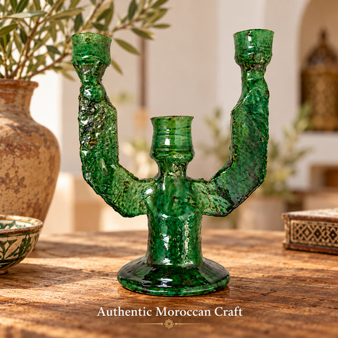 Moroccan Tamegroute Candle Holder, Handmade Green Pottery Candelabra, 3 Arm Ceramic Candlestick, Boho Home Decor