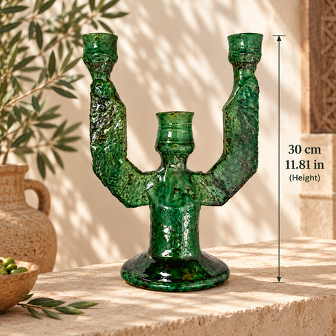 Moroccan Tamegroute Candle Holder, Handmade Green Pottery Candelabra, 3 Arm Ceramic Candlestick, Boho Home Decor