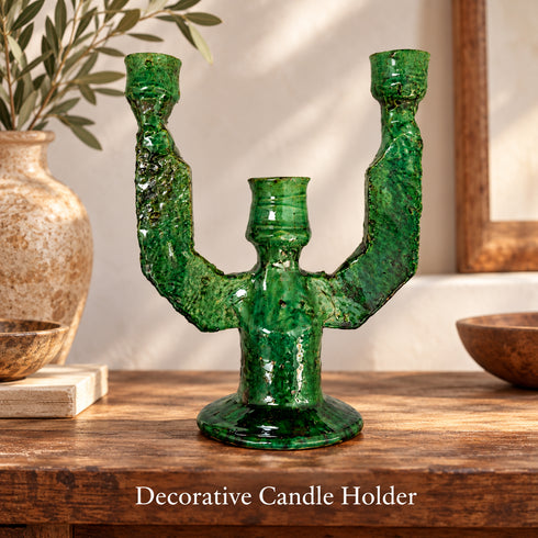 Moroccan Tamegroute Candle Holder, Handmade Green Pottery Candelabra, 3 Arm Ceramic Candlestick, Boho Home Decor