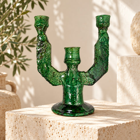 Moroccan Tamegroute Candle Holder, Handmade Green Pottery Candelabra, 3 Arm Ceramic Candlestick, Boho Home Decor