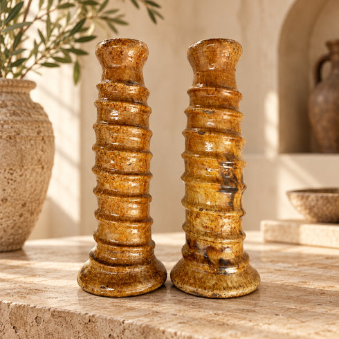 Moroccan Tamegroute Candle Holders, Tall Handmade Ceramic Candlesticks, Amber Glazed Pottery, Rustic Boho Home Decor