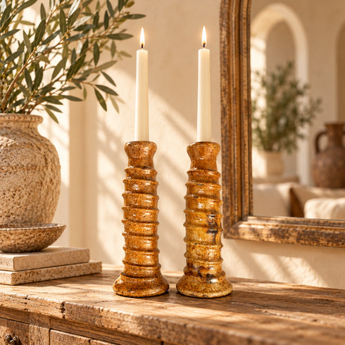 Moroccan Tamegroute Candle Holders, Tall Handmade Ceramic Candlesticks, Amber Glazed Pottery, Rustic Boho Home Decor