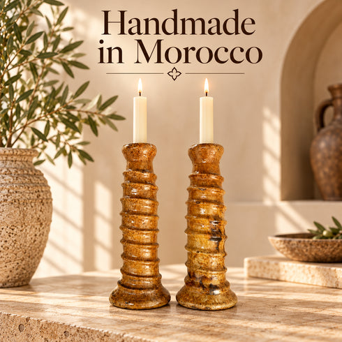 Moroccan Tamegroute Candle Holders, Tall Handmade Ceramic Candlesticks, Amber Glazed Pottery, Rustic Boho Home Decor