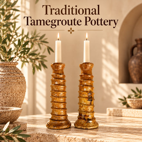 Moroccan Tamegroute Candle Holders, Tall Handmade Ceramic Candlesticks, Amber Glazed Pottery, Rustic Boho Home Decor
