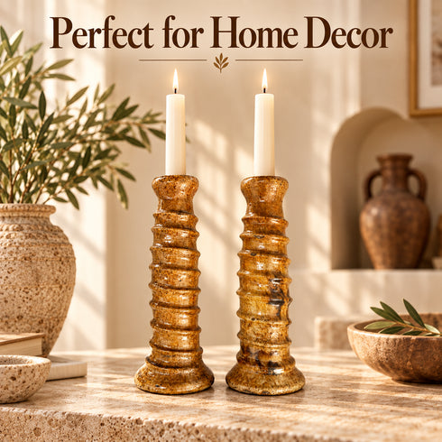 Moroccan Tamegroute Candle Holders, Tall Handmade Ceramic Candlesticks, Amber Glazed Pottery, Rustic Boho Home Decor