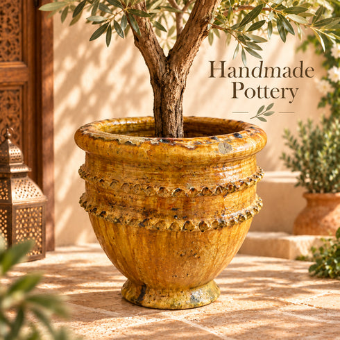 Moroccan Tamegroute Planter, Handmade Yellow Ceramic Plant Pot, Rustic Large Pottery Vase, Boho Mediterranean Decor