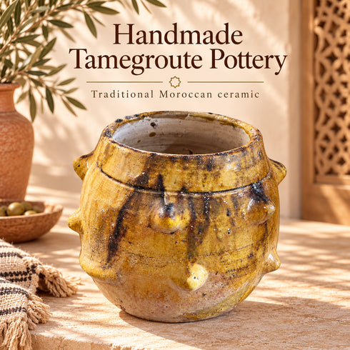 Moroccan Tamegroute Planter, Handmade Yellow Ceramic Pot, Rustic Studded Pottery Vase, Boho Wabi Sabi Home Decor