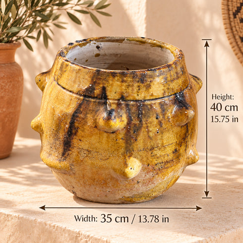 Moroccan Tamegroute Planter, Handmade Yellow Ceramic Pot, Rustic Studded Pottery Vase, Boho Wabi Sabi Home Decor