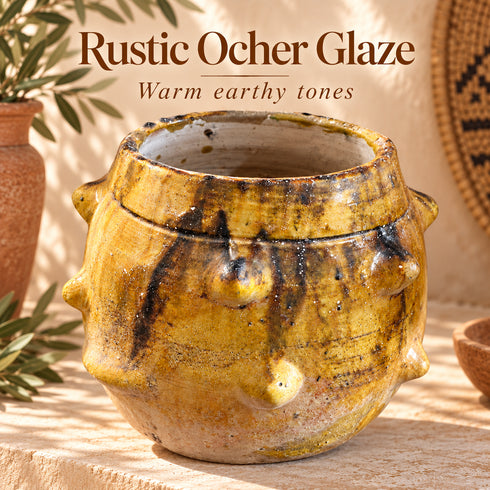 Moroccan Tamegroute Planter, Handmade Yellow Ceramic Pot, Rustic Studded Pottery Vase, Boho Wabi Sabi Home Decor