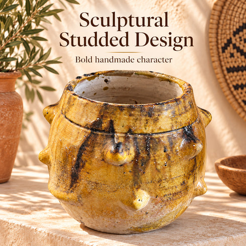 Moroccan Tamegroute Planter, Handmade Yellow Ceramic Pot, Rustic Studded Pottery Vase, Boho Wabi Sabi Home Decor