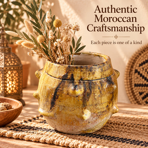 Moroccan Tamegroute Planter, Handmade Yellow Ceramic Pot, Rustic Studded Pottery Vase, Boho Wabi Sabi Home Decor