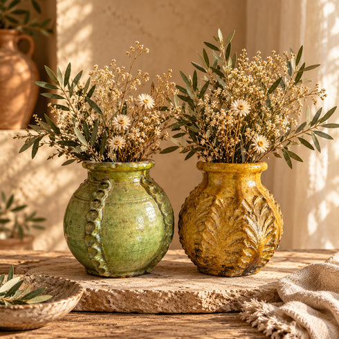 Moroccan Tamegroute Pottery Vase, Handmade Ceramic Flower Vase, Green Yellow Textured Vase, Rustic Boho Home Decor