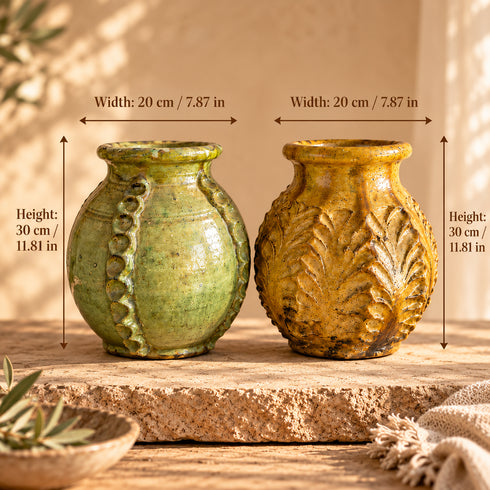 Moroccan Tamegroute Pottery Vase, Handmade Ceramic Flower Vase, Green Yellow Textured Vase, Rustic Boho Home Decor