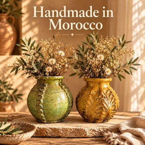 Moroccan Tamegroute Pottery Vase, Handmade Ceramic Flower Vase, Green Yellow Textured Vase, Rustic Boho Home Decor