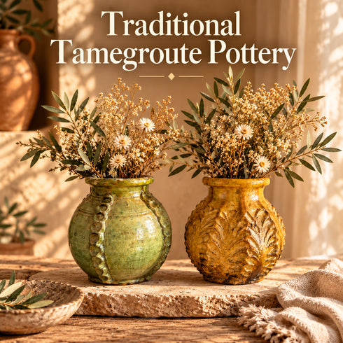 Moroccan Tamegroute Pottery Vase, Handmade Ceramic Flower Vase, Green Yellow Textured Vase, Rustic Boho Home Decor