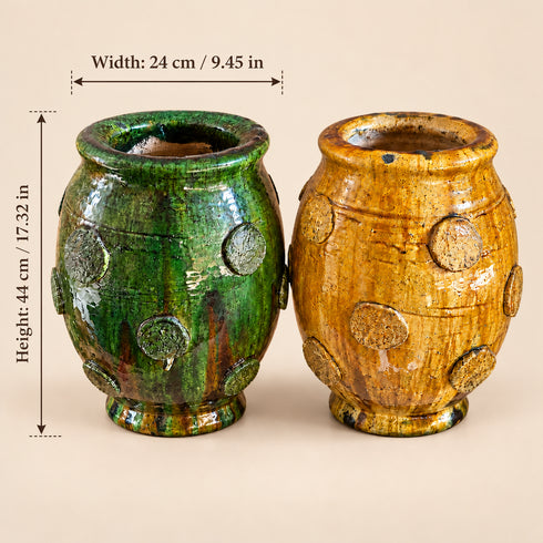 Moroccan Tamegroute Pottery Vase, Handmade Ceramic Flower Vase, Green and Yellow Rustic Home Decor, Boho Pottery