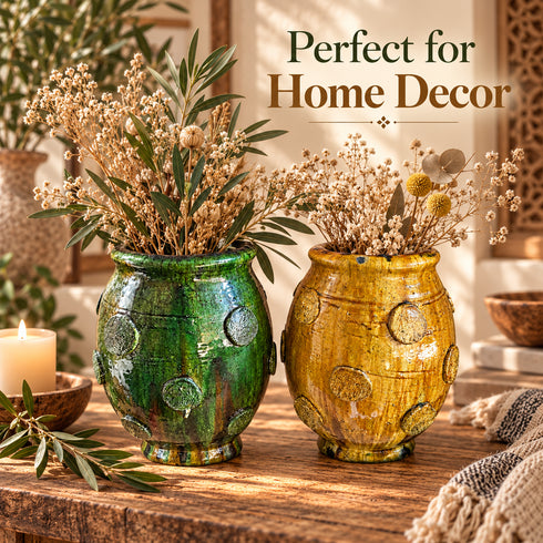 Moroccan Tamegroute Pottery Vase, Handmade Ceramic Flower Vase, Green and Yellow Rustic Home Decor, Boho Pottery
