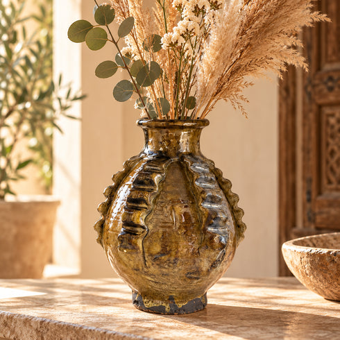 Moroccan Tamegroute Pottery Vase, Handmade Ceramic Flower Vase, Rustic Olive Brown Glazed Vase, Boho Home Decor