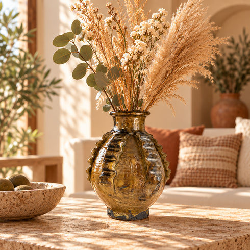 Moroccan Tamegroute Pottery Vase, Handmade Ceramic Flower Vase, Rustic Olive Brown Glazed Vase, Boho Home Decor