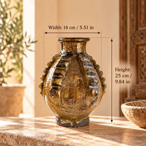 Moroccan Tamegroute Pottery Vase, Handmade Ceramic Flower Vase, Rustic Olive Brown Glazed Vase, Boho Home Decor