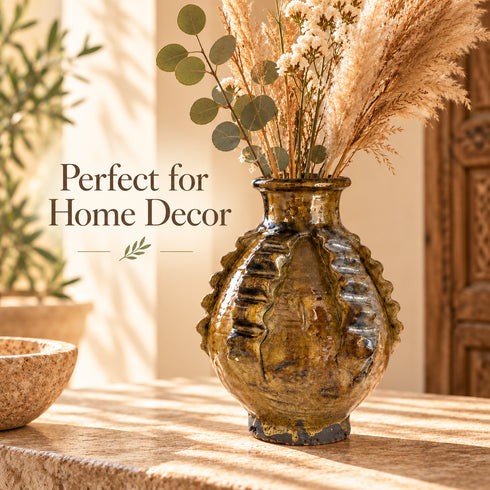 Moroccan Tamegroute Pottery Vase, Handmade Ceramic Flower Vase, Rustic Olive Brown Glazed Vase, Boho Home Decor