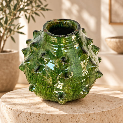 Moroccan Tamegroute Pottery Vase, Handmade Green Ceramic Spiky Vase, Sculptural Pottery, Rustic Boho Home Decor