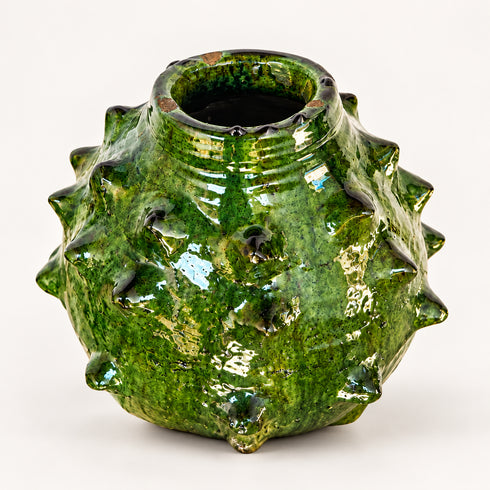 Moroccan Tamegroute Pottery Vase, Handmade Green Ceramic Spiky Vase, Sculptural Pottery, Rustic Boho Home Decor