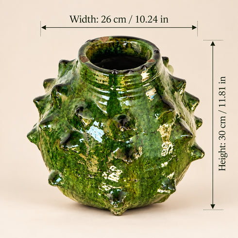 Moroccan Tamegroute Pottery Vase, Handmade Green Ceramic Spiky Vase, Sculptural Pottery, Rustic Boho Home Decor