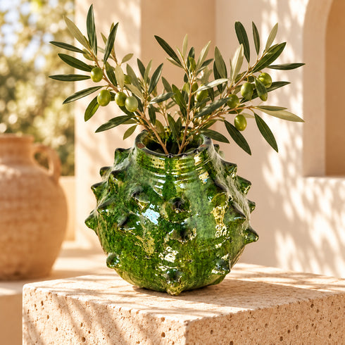 Moroccan Tamegroute Pottery Vase, Handmade Green Ceramic Spiky Vase, Sculptural Pottery, Rustic Boho Home Decor
