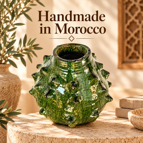 Moroccan Tamegroute Pottery Vase, Handmade Green Ceramic Spiky Vase, Sculptural Pottery, Rustic Boho Home Decor