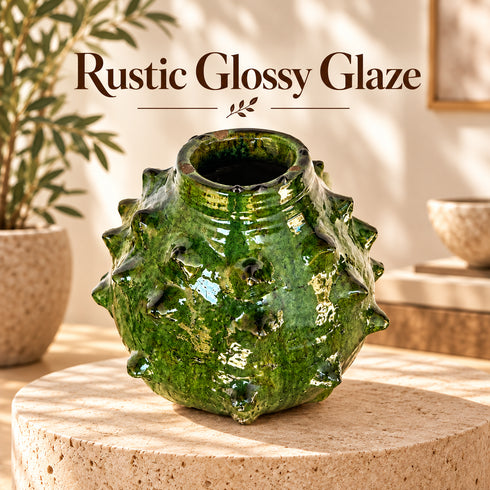 Moroccan Tamegroute Pottery Vase, Handmade Green Ceramic Spiky Vase, Sculptural Pottery, Rustic Boho Home Decor