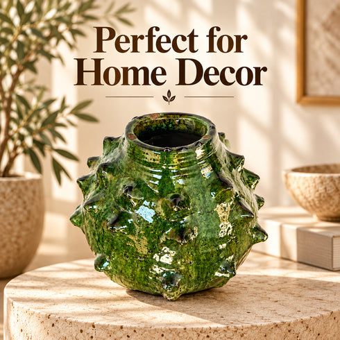 Moroccan Tamegroute Pottery Vase, Handmade Green Ceramic Spiky Vase, Sculptural Pottery, Rustic Boho Home Decor