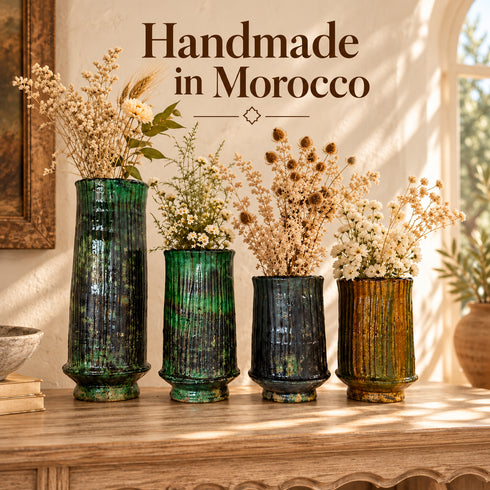 Moroccan Tamegroute Pottery Vase, Handmade Ribbed Ceramic Flower Vase, Green Black Ochre, Rustic Boho Home Decor