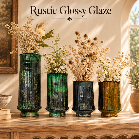 Moroccan Tamegroute Pottery Vase, Handmade Ribbed Ceramic Flower Vase, Green Black Ochre, Rustic Boho Home Decor