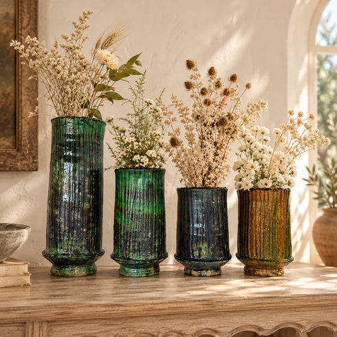 Moroccan Tamegroute Pottery Vase, Handmade Ribbed Ceramic Flower Vase, Green Black Ochre, Rustic Boho Home Decor