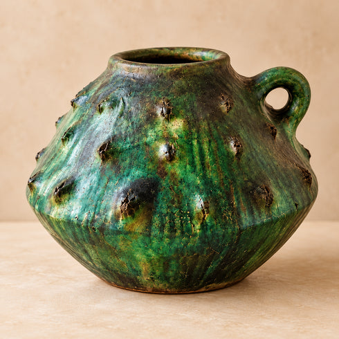 Moroccan Tamegroute Vase, Handmade Green Ceramic Flower Vase, Rustic Pottery with Handle, Boho Mediterranean Home Decor