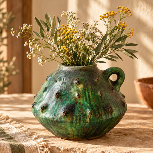 Moroccan Tamegroute Vase, Handmade Green Ceramic Flower Vase, Rustic Pottery with Handle, Boho Mediterranean Home Decor