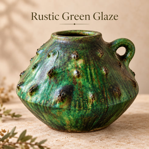 Moroccan Tamegroute Vase, Handmade Green Ceramic Flower Vase, Rustic Pottery with Handle, Boho Mediterranean Home Decor