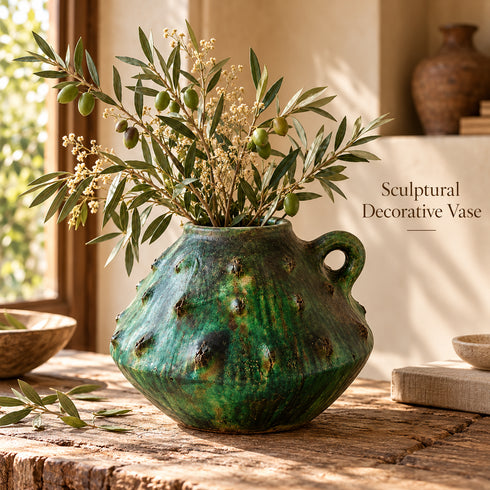 Moroccan Tamegroute Vase, Handmade Green Ceramic Flower Vase, Rustic Pottery with Handle, Boho Mediterranean Home Decor