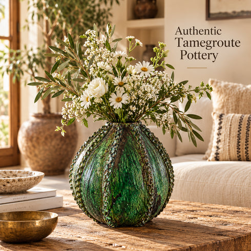 Tamegroute Vase, Handmade Green Ceramic Flower Vase, Sculptural Pottery, Rustic Boho Mediterranean Decor