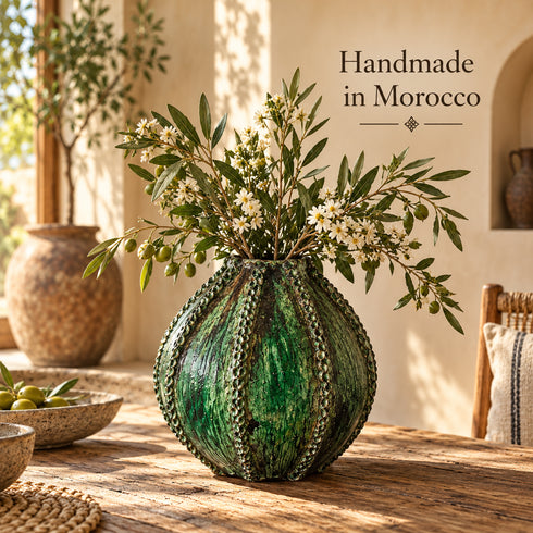 Tamegroute Vase, Handmade Green Ceramic Flower Vase, Sculptural Pottery, Rustic Boho Mediterranean Decor