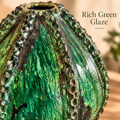 Tamegroute Vase, Handmade Green Ceramic Flower Vase, Sculptural Pottery, Rustic Boho Mediterranean Decor