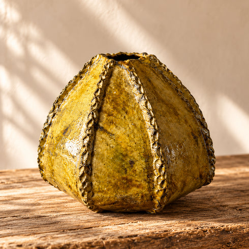Moroccan Tamegroute Vase, Handmade Yellow Ceramic Flower Vase, Sculptural Pottery, Rustic Boho Home Decor