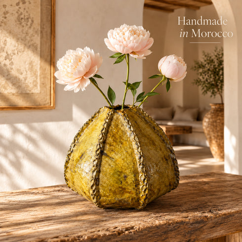Moroccan Tamegroute Vase, Handmade Yellow Ceramic Flower Vase, Sculptural Pottery, Rustic Boho Home Decor