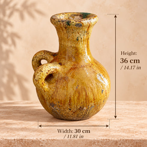 Moroccan Tamegroute Vase, Handmade Yellow Ceramic Pottery, Double Handle Rustic Flower Vase, Boho Home Decor