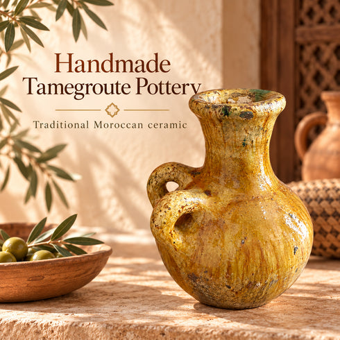 Moroccan Tamegroute Vase, Handmade Yellow Ceramic Pottery, Double Handle Rustic Flower Vase, Boho Home Decor