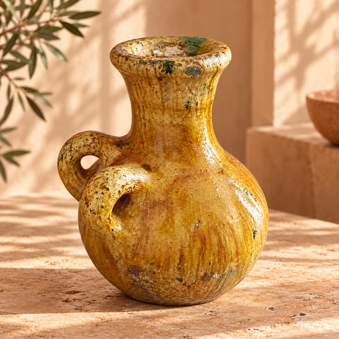 Moroccan Tamegroute Vase, Handmade Yellow Ceramic Pottery, Double Handle Rustic Flower Vase, Boho Home Decor